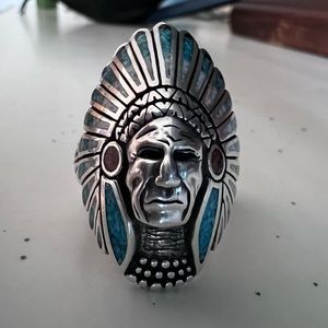 Vintage Native American Indian Chief Head Turquoise Sterling Silver Ring